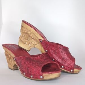 Lucky Brand Red Floral Tooled Leather Slip-On Clogs with Carved Wood Heel